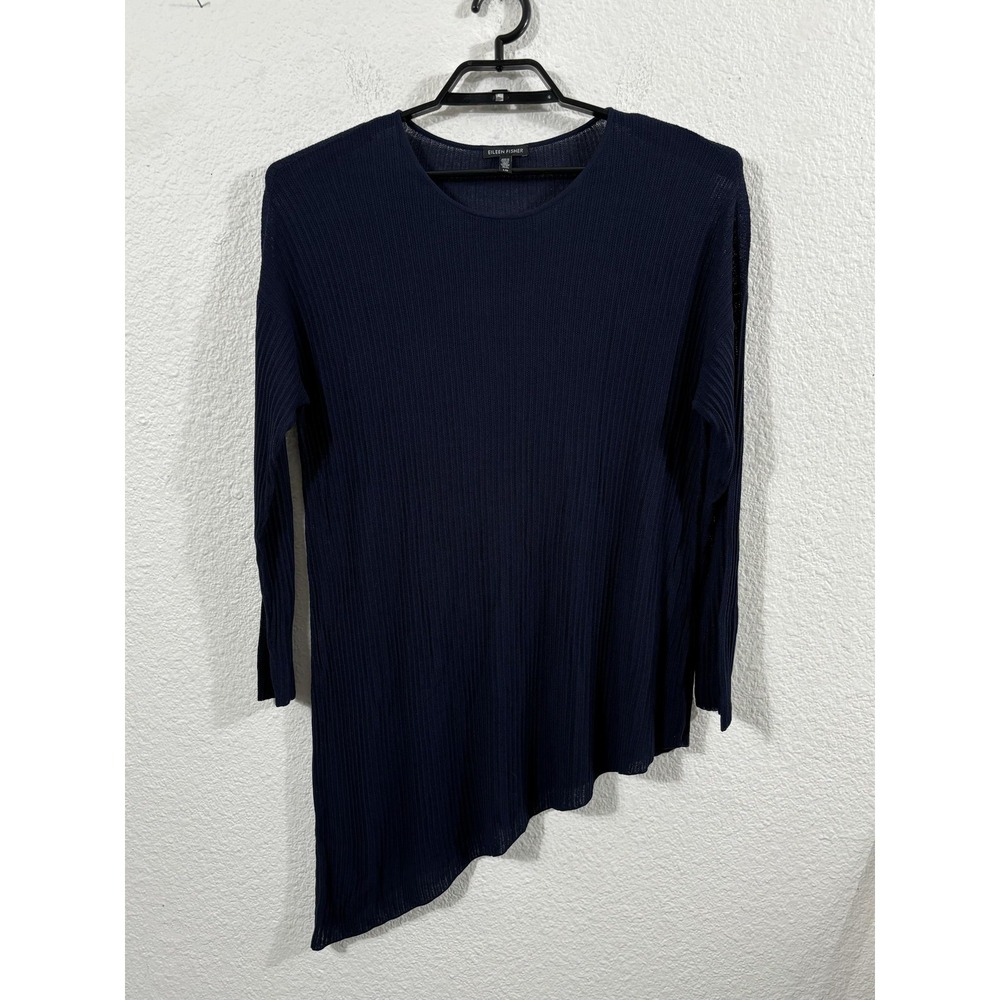 Eileen Fisher Sweater Womens‎ Large Navy Blue Ribbed Asymmetrical Hem Semi Sheer